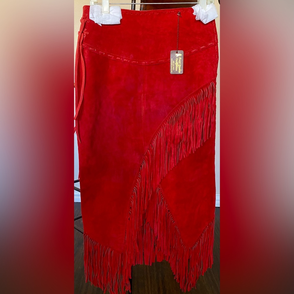 Red Suede High-Low Fringe Skirt - Women